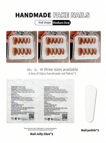 10片手工制作美甲贴片，圣诞礼物，圣诞装饰，秋冬美甲，圆形美甲，秋季美甲，按压式美甲，短款按压式美甲，假指甲，短款美甲，亚克力按压式美甲，手工制作，可拆卸可重复使用 - 棕色 - 查看 8