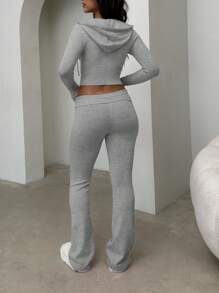 Plain Zipper Long Sleeve Hooded Top And Elastic Waist Pants Casual Tracksuit - Light Grey - View 5