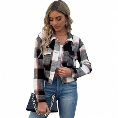 Flannels For Women Cropped Shacket Jacket Fashion Plaid Button Down Shirt Fall Coat Tops