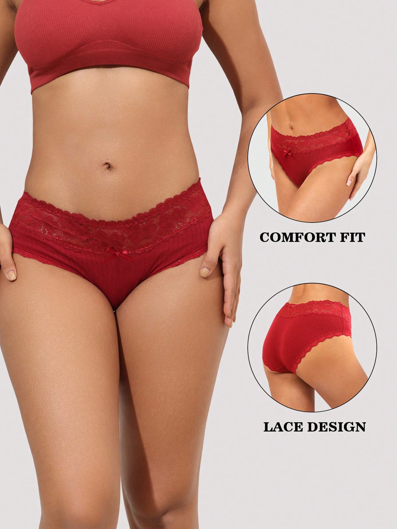 6-Pack Elegant Striped Wide Lace Waistband Comfortable Panties - Women's Breathable Stretchy Underwear For Everyday Wear - Soft