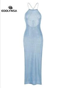 性感针织露背透视开衩吊带长裙泳装罩衫度假连衣裙夏季海滩 - 霧霾藍 - 查看 3