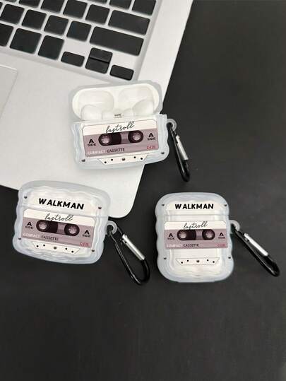 1pc Magnetic Tape Letter Print Wave Texture Earphone Case With Hook Compatible With Apple Bluetooth Earphones (Earphones Not Included)