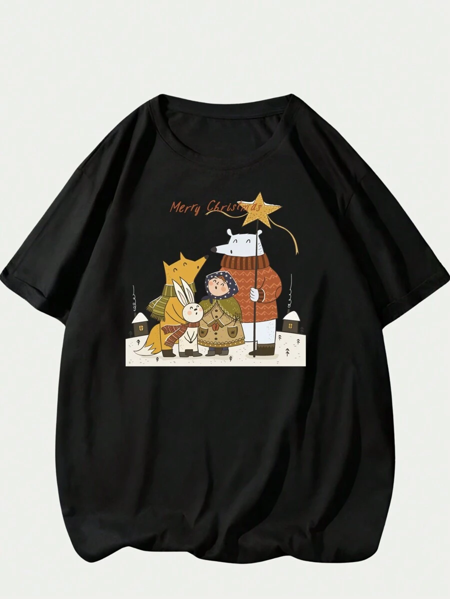 Cotton T-Shirt Breathable Printed Christmas Style Modern Cute Elegant Comfort Summer - 黑色 - 查看 1