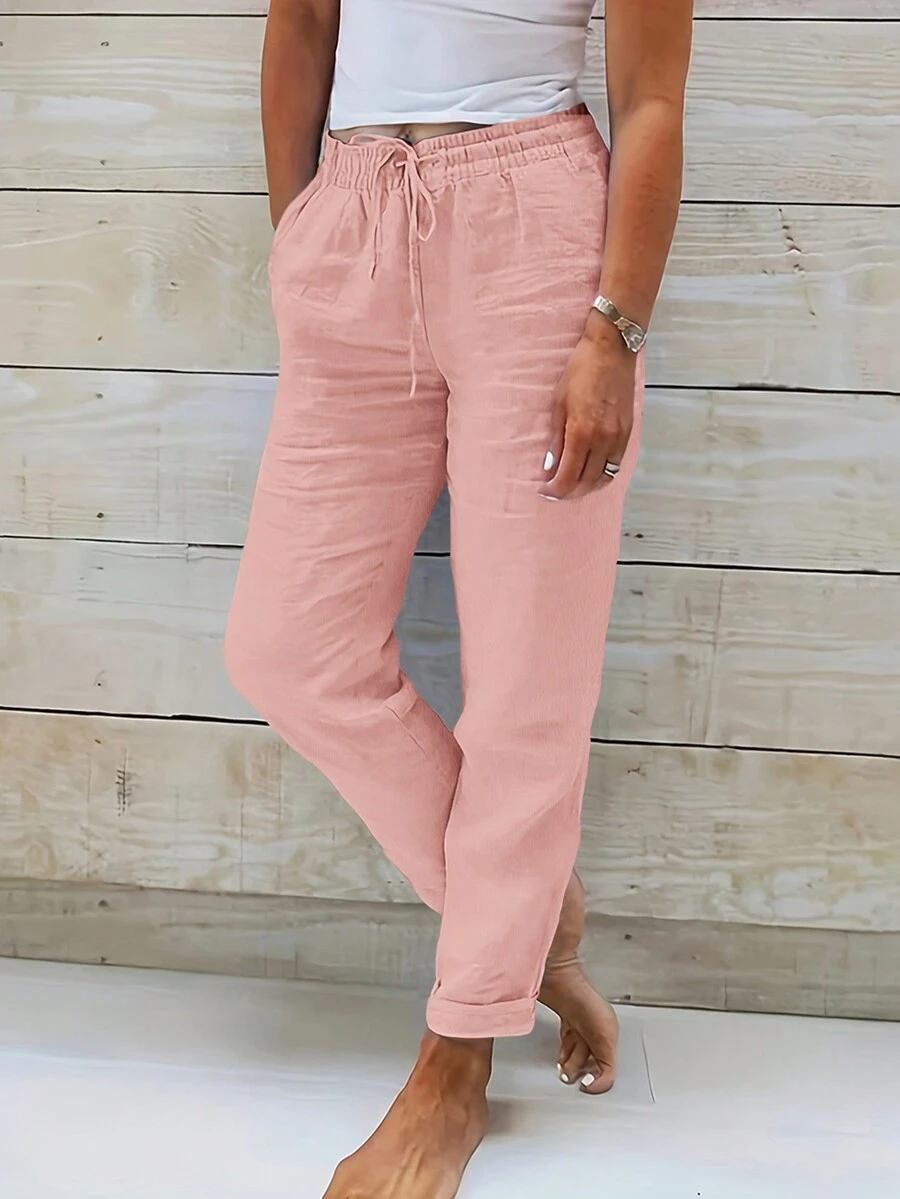 Jisfaneya Women's Solid-Color Drawstring Waist Casual Pants With Pockets - Pink - View 1