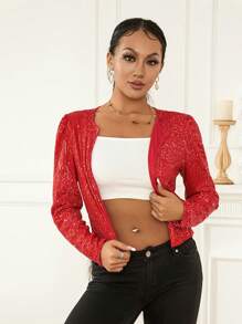 Women Jacket Long Sleeve Open Front Sequined Spring Ladies Cardigan For Club Party - Red - View 3