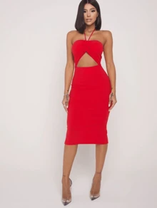 MIDI DRESS IN RIBANA FABRIC, TIE AT THE NECK, OPENING ON THE BUST, CLUB FASHION, PARTIES, BACK SLIT. - 紅色 - 查看 1