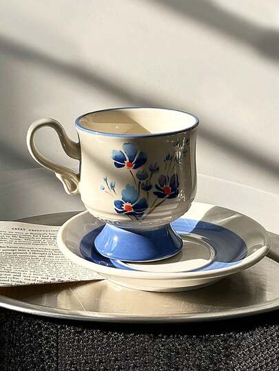 1pc Vintage Floral Ceramic Coffee Cup & Saucer, Elegant Dessert/Cake Plate, Afternoon Tea Cup