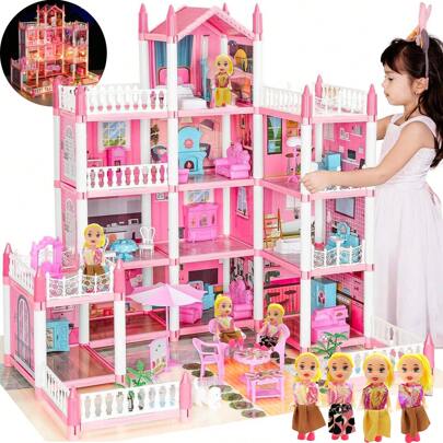 Luxury 4-Floor Dollhouse, Doll set contains 11 rooms and furniture accessories.DIY Dollhouse, Exquisite Villa Playhouse Toys , Pink children's doll house toy house DIY pretend games to build assembled toys, suitable for birthday gifts of girls aged 5, 6, 7, 8 and 9.Excellent Birthday Gifts And Children'S Day Gifts