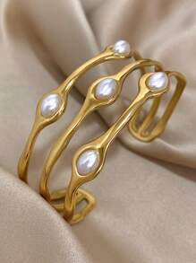 1 Pc Elegant Stackable Bangle Bracelets For Women Teen Girls Faux Pearl Bracelets Stainless Steel Daily Party Jewelry Christmas Gifts