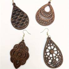 4 Pairs/Set Retro Carved Floral Dangle Earrings, Elegant Vintage Style Wooden Jewelry, Gift For Women - Coffee Brown - View 4