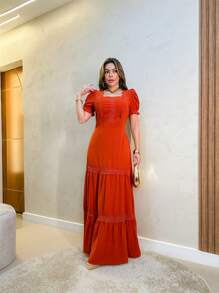 Women's Long Dress With Plain Padded Cup Puff Sleeve Summer 3RD SD1378 - 橘色 - 查看 1