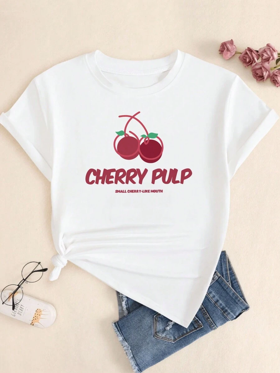 Cotton T-Shirt Fruit Comfort Premium Printed Babylook Breathable Soft Short Sleeve Summer - 奶油色 - 查看 1