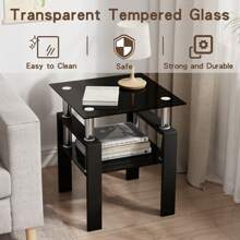 Glass Side Table 2-Tier Modern Glass Top Corner Table Living Room Side Table With Metal Leg For Living Room, Dining Room, Bedroom - Black - View 4