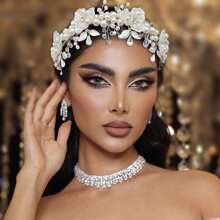 1 件女式珍珠花串珠发夹头饰，手工水钻发带，适用于新娘婚纱、订婚派对、舞会 - 彩色 - 查看 5