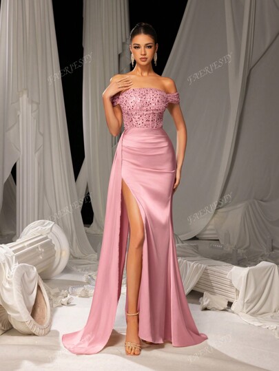 Faeriesty Elegant Off Shoulder Sequin Bodice Mermaid Hem Formal Party Dress, Wedding Guest Dress, Evening Dress,Gown