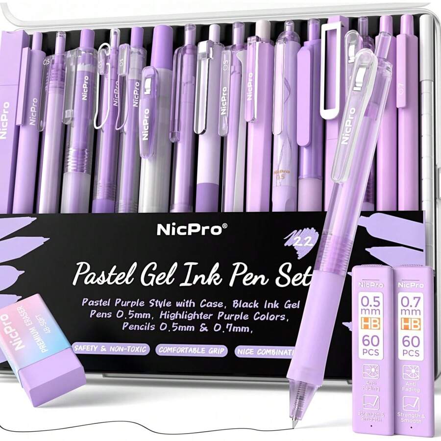 Nicpro 22 Pack Pink Gel Ink Pen Set, Cute Aesthetic Pen 0.5mm, 12 Pink Pens Black Ink With 2 Highlighter And 2 Mechanical Pencil 0.5 0.7mm, Fine Point Smooth Writing Pen For Girl School, Office (Pink) Back To School - Purple - View 1