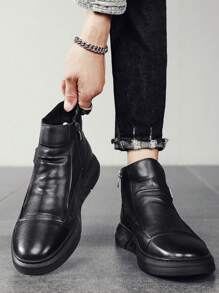 Men's Black Faux Leather High Top Boots, Thermal Lined, Side Zipper, Casual & Stylish Outdoor Wear - Black - View 11