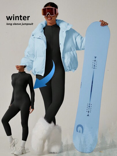 Winter Freedom Ventilation Long Sleeve Jumpsuit, Front Zipper Women's Autumn Long Sleeve Jumpsuit Ski Outfits