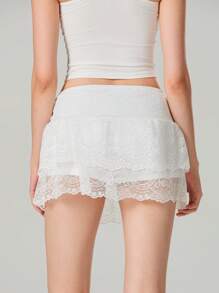 Women's Summer Low Waist Lace Ruffled Solid Color Skirt With Lined Shorts  Soft Flowy For Daily Date Vacation - 白色 - 查看 6