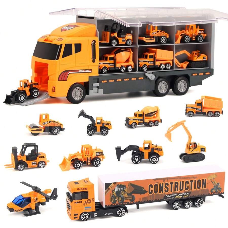 6pcs/ 11 In 1 Mini Die-Cast Engineering Trucks Construction Vehicles Excavator Bulldozer Mixer Car Model Children Toys Holiday Gift For Kids,Back To School