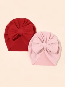 2pcs/Pack Infant & Toddler Autumn/Winter Big Bow Headband Hat, Baby Velvet Hat, Girls Bonnet Cap, Newborn Beanie, Baby Headwear - Multicolor - View 2