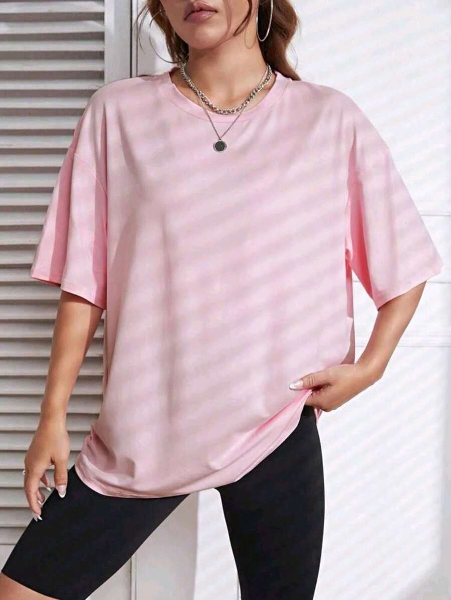Women's Oversized Casual Drop Shoulder T-Shirt 100% Cotton Plain - Màu Hồng baby - Xem 1