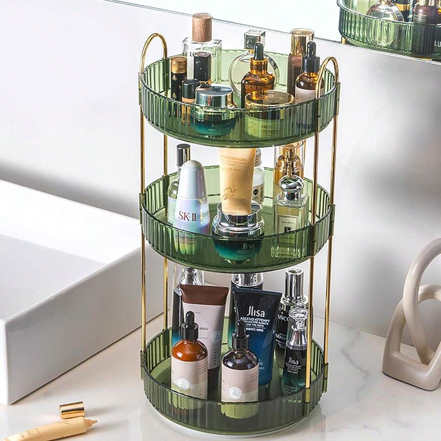 AXOSY-360 Rotating Makeup Organizer Countertop 3 Tier Bathroom Organizer Spinning Perfume Organizers, Skincare Organizers Makeup Carousel Cosmetic Brush Storage For Vanity, Countertop - 綠色 - 查看 1