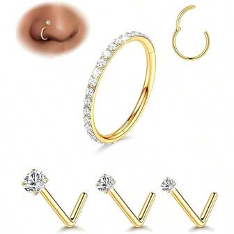 18G 16G 钢制 CZ 鼻环耳钉套装：低过敏性 14K 包金鼻翼小穿刺饰品，男女通用，4 件装