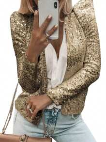 Women Jacket Long Sleeve Open Front Sequined Spring Ladies Cardigan For Club Party - Gold - View 2