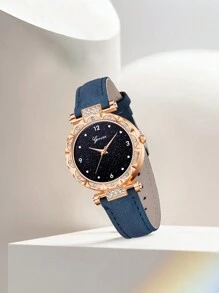 5Pcs Women's Blue PU Leather Strap Fashion Casual Simple Scale Dial Quartz Watch Necklace Earrings Ring Jewelry Set For Daily Wearing Or Gift Giving