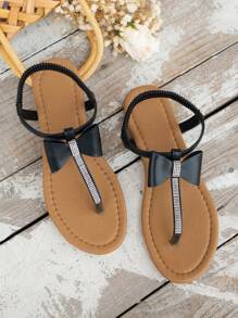 WRCVS Sandals, Solid Color Faux Pearl & Rhinestone Embellished, Young Style, Thong Closure Sexy Light-Weight Flat Sandals, Bow Accent, Suitable For Banquet And Beach - Black - View 6