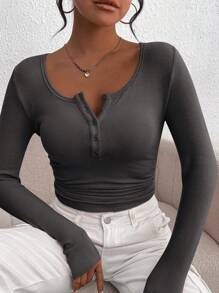 Women's Fall Long-Sleeved Henry Shirt T-Shirt Button Ribbed Knit Fashion Tight Basic Top Shirt - 深灰色 - 查看 2