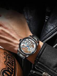AlLANG Eilang Men's Leather Band Waterproof Hollow Transparent Bottom Tourbillon Automatic Mechanical Watch, Casual Business Fashion Luxury Wristwatch