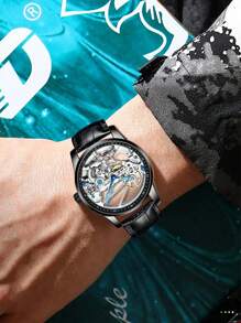 AlLANG Eilang Men's Leather Band Waterproof Hollow Transparent Bottom Tourbillon Automatic Mechanical Watch, Casual Business Fashion Luxury Wristwatch