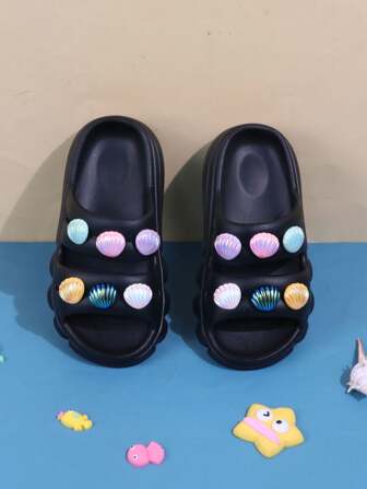 1 par de sandalias ligeras, suaves y cómodas para niñas pequeñas de diseño de concha negra, para usar en exteriores y la playa