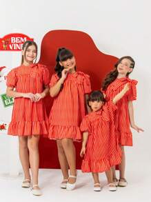 Sofia Red Dress With Christmas Stripes And Print For Kids And Teens, Girls' Clothing, Sizes 4, 6, 8, 10, 12, 14 Immediate Shipping - 紅色 - 查看 2