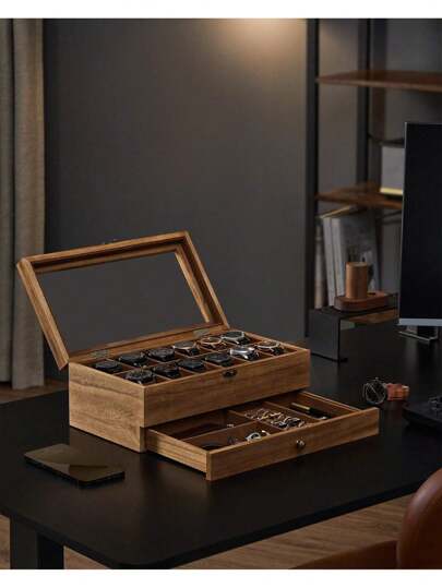  Caja para 12 relojes SONGMICS, estuche de madera de 2 niveles con tapa de vidrio, nogal rústico MJOW012K01 Almacenamiento para dormitorio en el regreso a clases