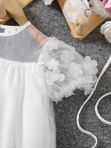 Girl Mesh Splicing 3D Flower Fashion Princess Dress With Sling Bag, Summer - White - View 5