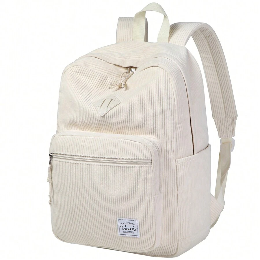 VASCHY Cord Backpack, Vintage Casual Unisex Cute School Backpack, Fuzzy Fluffy Plush Fleece Travel Backpack, Daypack For School, Teens, Men, Women, Black, Rucksack - 米色 - 查看 1