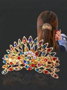 1pc Hair Clip For Women, Peacock Rhinestone Spring Clip For The Back Of The Head, Horizontal Clip For Hair Clip, High-End Hair Accessory, Ponytail Clip, Versatile Hair Clip, Hair Accessories, Edge Clip, Hair Accessory, Headband, Rhinestone Hair Clip,The Position Of The Colored Diamond Is Random And Not Fixed