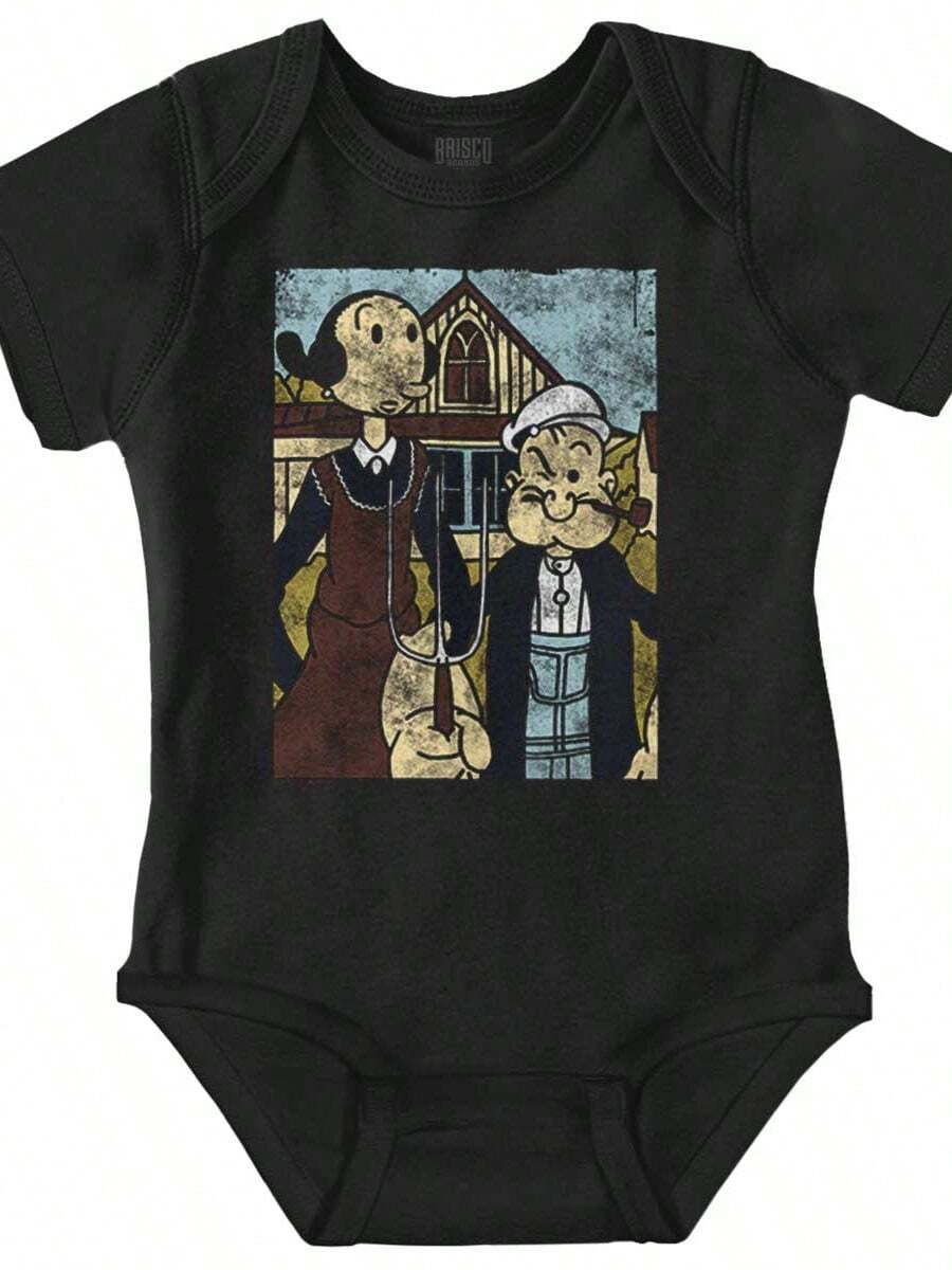 Popeye The Sailor Man Baby Graphic One Piece Bodysuit Vintage Retro Animated Cartoon Character  American Gothic Modern Art Couple Painting Casual Everyday Soft Cotton Printed Cap Sleeve Lap Neck Romper Baby Clothes