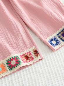 小女孩两件套，米色泡泡袖彩色向日葵刺绣上衣和长裤，春秋季