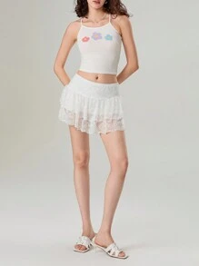 Women's Summer Low Waist Lace Ruffled Solid Color Skirt With Lined Shorts  Soft Flowy For Daily Date Vacation - 白色 - 查看 4