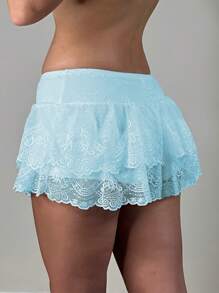 Women's Summer Low Waist Lace Ruffled Solid Color Skirt With Lined Shorts  Soft Flowy For Daily Date Vacation - Blue - View 2