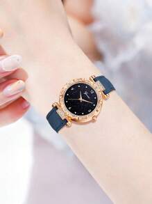 5Pcs Women's Blue PU Leather Strap Fashion Casual Simple Scale Dial Quartz Watch Necklace Earrings Ring Jewelry Set For Daily Wearing Or Gift Giving