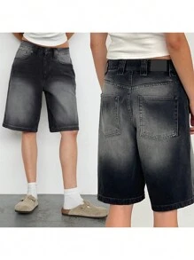 Women's Knee Length Denim Shorts Loose Solid Color Low Rise Wide Leg Long Shorts With Pockets For Summer - Dark Grey - View 8