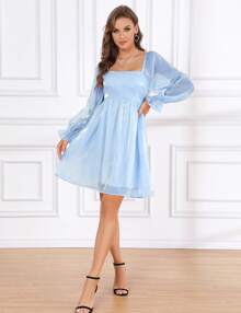 GoyRrbay Womens Puff Sleeve Square Neck Dress Babydoll Mesh Midi Dress - Màu xanh lam - Xem 3