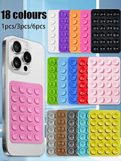 6/3/1pc Silicone Suction Cup Square Phone Case Back-Stick Holder With 24 Suction Cups, Silicone Hands-Free Phone Stand For Selfie And Video (18 Colors)