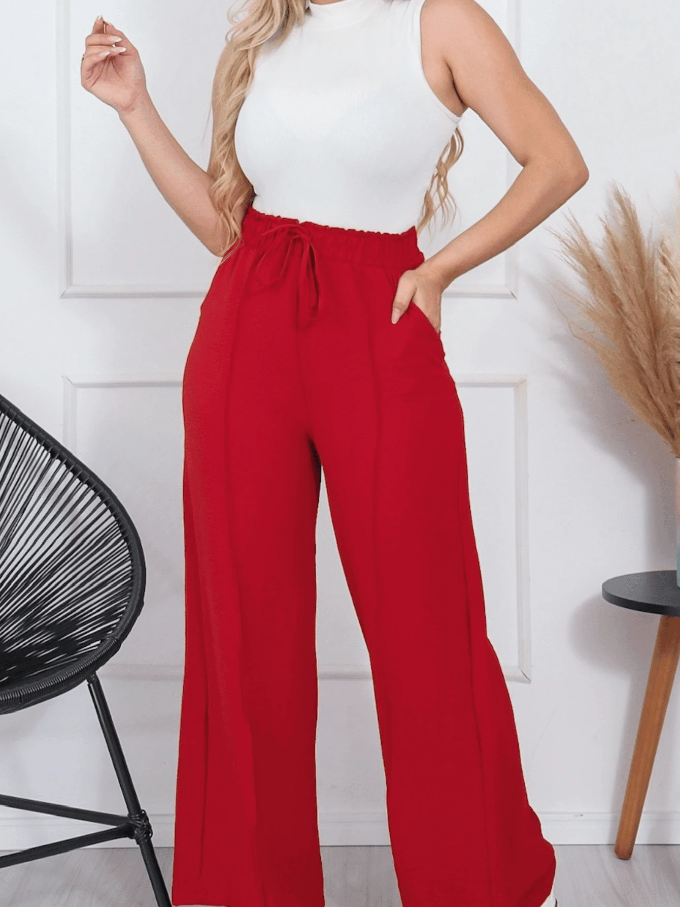 MF Wide Leg Pants With Elastic Waistband In Duna Fabric - 紅色 - 查看 1