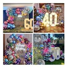 Set de 135 piezas de decoración de arco de bola de discoteca, que incluye globos de bola de discoteca en plata, azul, verde, morado, rosa y dorado, globos de foil de estallido de estrella, adecuado para decoración de fiesta de cumpleaños, década de los 70, 80 y 90, fiesta de disco, regreso a la escuela, Día de San Valentín